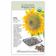 Front of an organic Botanical Interests seed packet for Mongolian Giant Sunflower Seeds featuring a USDA Organic seal and botanical illustrations of a massive yellow sunflower bloom and a bowl of sunflower seeds.