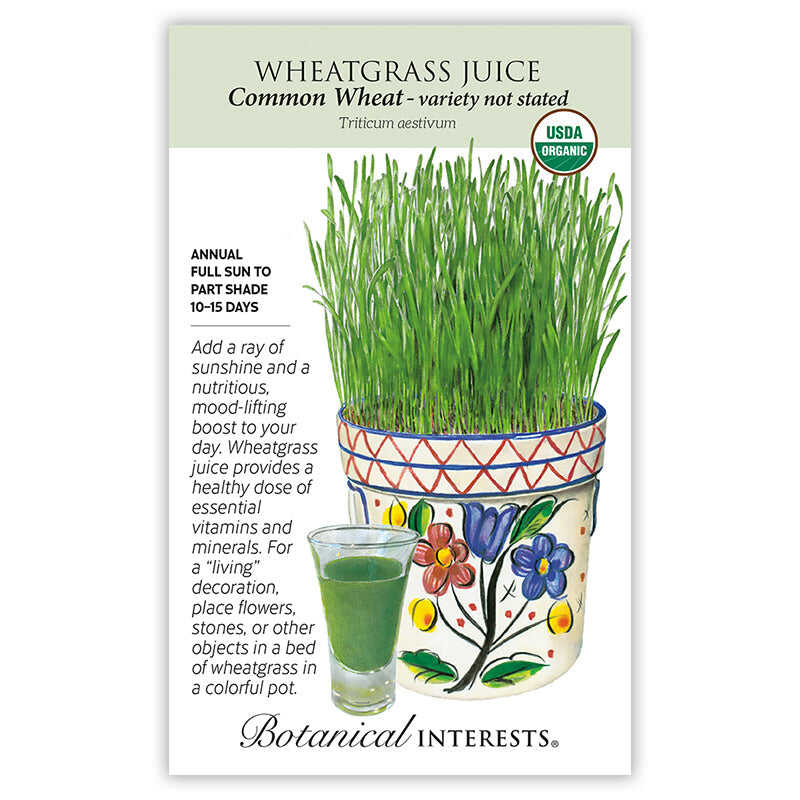 Seed packet for organic Wheatgrass Juice (Common Wheat), illustrated with a floral-painted pot overflowing with lush green wheatgrass beside a shot glass of green juice, and text noting it's an annual grown in full sun to part shade, ready in 10–15 days, with a description of its nutritional and decorative uses.