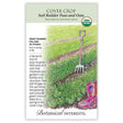 Seed packet for Botanical Interests USDA Organic Soil Builder Peas and Oats cover crop, illustrated with a garden fork planted in a lush green row crop beside floral rubber boots, and text noting frost tolerance, full sun, 50-70 days, and how peas and oats improve soil fertility.