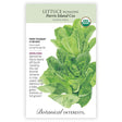 Front of an organic Botanical Interests seed packet for Heirloom Parris Island Cos Romaine Lettuce Seeds featuring a USDA Organic seal and botanical information and  illustration of upright green romaine lettuce.