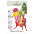 Front of an organic Botanical Interests seed packet for Gourmet Blend Beet Seeds featuring a USDA Organic seal, heirloom description, and a botanical illustration of sliced and whole beets in red, yellow, and striped pink-and-white colors.