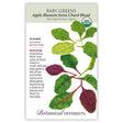 Seed packet for Botanical Interests Apple Blossom Swiss Chard Blend baby greens, USDA Organic and heirloom, illustrated with an arrangement of deep-green, red-veined, and pale chard leaves with red and white stems, noting 20–35 days to harvest and indoor sowing year-round.