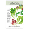 Seed packet for Botanical Interests Snappy Fresh Mesclun Baby Greens, illustrated with watercolor lettuce and arugula leaves in shades of green and red, noting USDA Organic certification, a 20–25 day harvest time, and descriptive text about the mild-to-spicy salad mix.