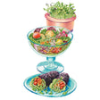 Illustration of sunflower microgreens shown three ways: leggy green shoots growing in a terracotta pot, tossed into a mixed salad in a stemmed glass bowl with cherry tomatoes and lettuce, and used as garnish on lettuce cups with tomatoes and carrot alongside dark purple radishes on a blue plate.