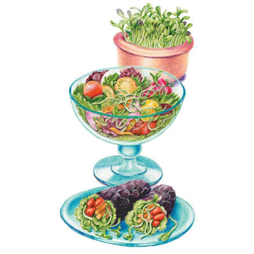 Illustration of sunflower microgreens shown three ways: leggy green shoots growing in a terracotta pot, tossed into a mixed salad in a stemmed glass bowl with cherry tomatoes and lettuce, and used as garnish on lettuce cups with tomatoes and carrot alongside dark purple radishes on a blue plate.