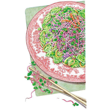 Illustration of pink-stemmed China Rose radish sprouts piled atop lettuce leaves on a red-and-white patterned plate, with a small tangle of raw sprouts and wooden chopsticks resting beside it.