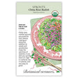 Seed packet for organic China Rose Radish sprouts, illustrated with an oriental salad topped with pink-tinged sprouts on a red-and-white patterned plate beside chopsticks, plus text noting a 4-6 day growing time and year-round planting.
