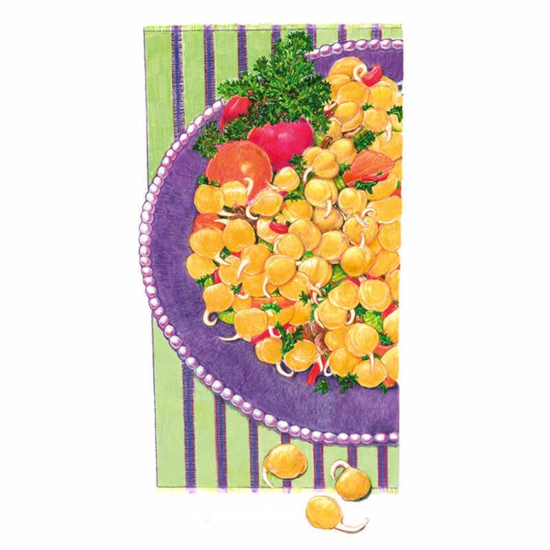 Illustration of sprouted garbanzo beans heaped on a purple pearl-edged plate with tomato wedges and parsley garnish, set on a green-and-purple striped cloth, with two loose sprouted beans shown below.