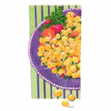 Illustration of sprouted garbanzo beans heaped on a purple pearl-edged plate with tomato wedges and parsley garnish, set on a green-and-purple striped cloth, with two loose sprouted beans shown below.