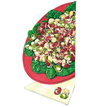 Illustration of a red plate piled with mixed bean sprouts in maroon, green and pale cream hues atop lettuce leaves, set on a yellow-checked napkin with a few loose sprouts beside it.
