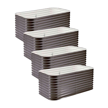 Four rectangular corrugated metal raised garden beds in dark grey with white interior lining, arranged in a staggered stack of four identical empty units on a white background.