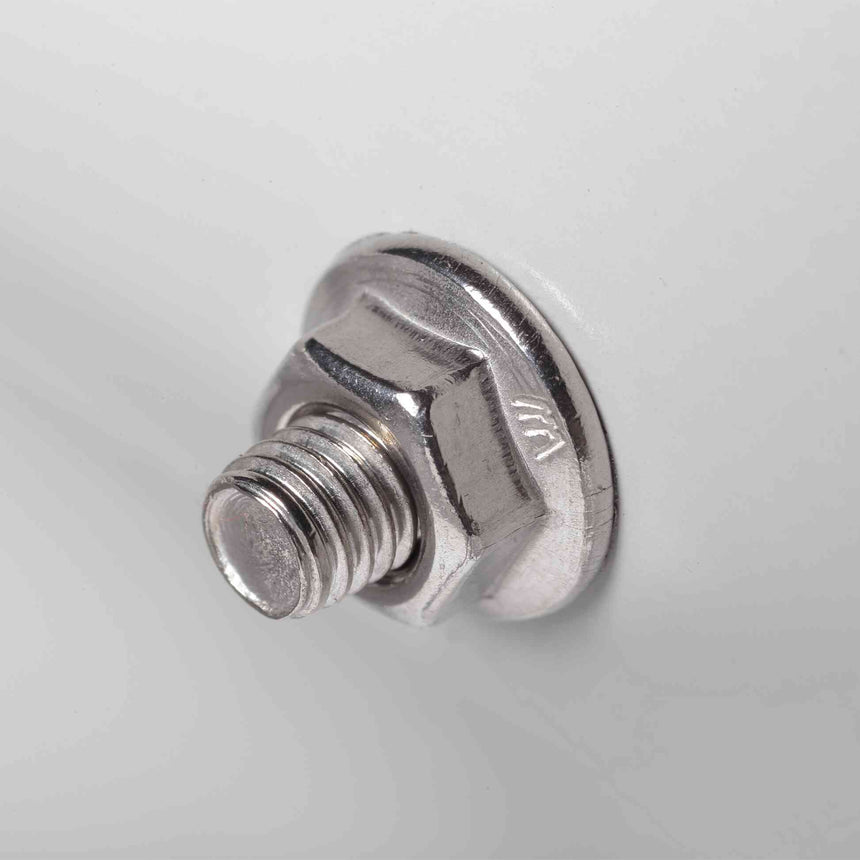Close-up of a stainless steel hex-flange bolt with visible threads, shown against a plain white background as a hardware detail for the raised garden bed kit.