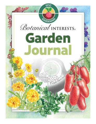 Botanical Interests Garden Journal cover featuring colorful floral illustrations, tomatoes, and garden layout diagrams