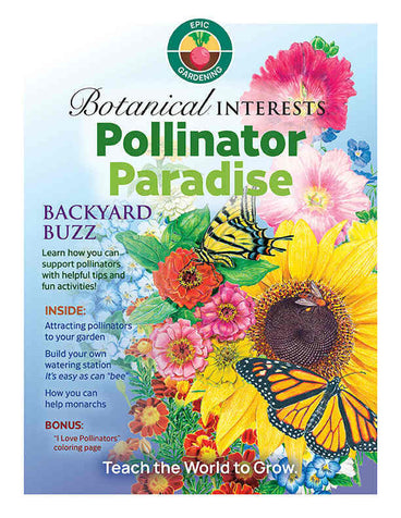 Book cover of 'Botanical Interests Pollinator Paradise' featuring bright garden flowers, a monarch butterfly, and a bee against a blue sky background