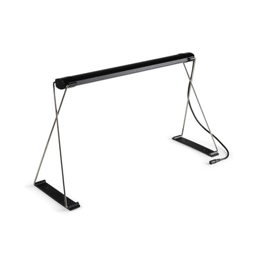 Small Epic seed-starting grow light with a black horizontal LED bar mounted on an X-shaped chrome wire stand with flat black feet and a power cable trailing from one leg, shown on a plain white background.