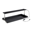 Black seed-starting grow light system with a rectangular tray, an adjustable LED light bar mounted on two chrome poles above it, and a plug-in controller with buttons for adjusting settings.