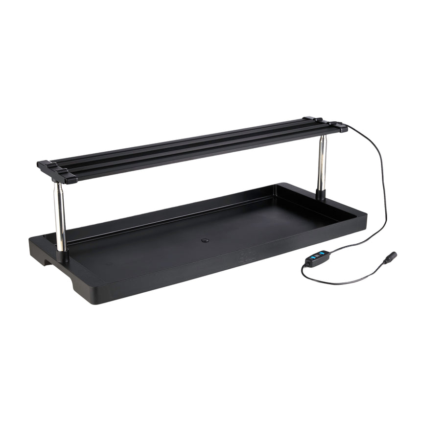 Black seed-starting grow light system with a rectangular tray, an adjustable LED light bar mounted on two chrome poles above it, and a plug-in controller with buttons for adjusting settings.