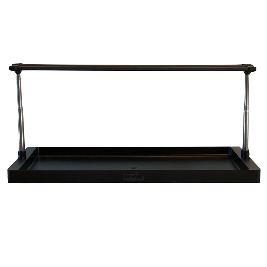 Black plastic seed tray fitted with two adjustable metal support poles and a horizontal crossbar for hanging a grow light above seedlings, shown on a plain white background.