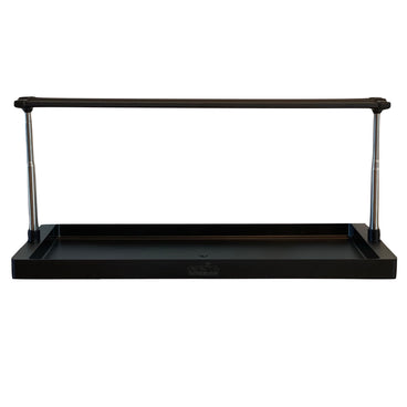 Black plastic seed tray fitted with two adjustable metal support poles and a horizontal crossbar for hanging a grow light above seedlings, shown on a plain white background.