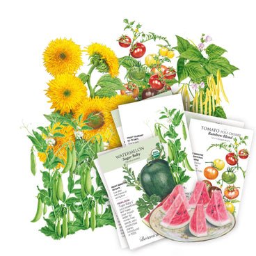 Fanned arrangement of illustrated seed packets for a garden starter bundle, including Sugar Baby watermelon, Rainbow Blend pole cherry tomato, sunflowers, peas and yellow beans, each packet showing botanical artwork with growing details like days to maturity and frost tolerance.