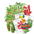 Illustrated seed packet cards for pepper plants with red, yellow, and green peppers, shown with several seed packets on a white background.