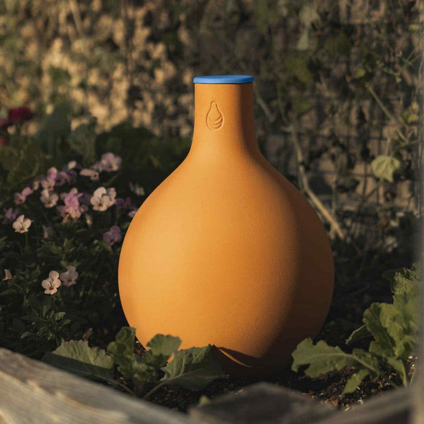 Terracotta Garden Oya watering pot with a bulbous bottle shape, blue rubber cap, and embossed teardrop icon on the neck, buried partway into soil among pansies and leafy garden plants.