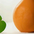 Close-up of a bulbous terracotta Garden Oya watering pot, its speckled surface beaded with condensation, beside a single heart-shaped green leaf against a plain white background.