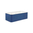 Rectangular raised garden bed with dark blue corrugated metal exterior, rounded corners, and a white-lined interior, shown empty against a plain white background.