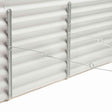 Close-up of a corrugated metal raised garden bed's corner joint, showing vertical mounting rails with rivets and horizontal support wires hooked between them to reinforce the panel walls.