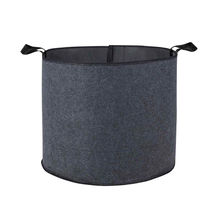 Empty round fabric grow bag in dark grey felted material with two black carrying handles stitched to the rim, shown against a plain white background.