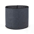 Empty round fabric grow bag in dark heather grey with black stitched rim, shown against a plain white background.