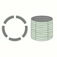 Diagram illustrating a round, corrugated metal raised garden bed kit, showing four curved wall panel sections on the left that assemble into the tall cylindrical bed shown fully constructed on the right.