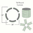 Diagram of a "Tall Round" corrugated metal raised garden bed kit assembled from 5 curved panels, showing a 38-inch diameter and width, an overhead ring view with panel gaps, an assembled cylindrical bed, and the panels laid out separately before assembly.