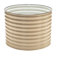 Empty, round raised garden bed made of tan corrugated metal with a visible seam and rivets, shown against a plain white background.