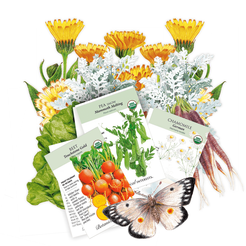 Gardening-themed items including seed packets, plants, and a butterfly on a green background