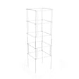 Square, galvanized wire tomato cage with five stacked support tiers and long ground stakes, shown collapsed flat against a plain white background.