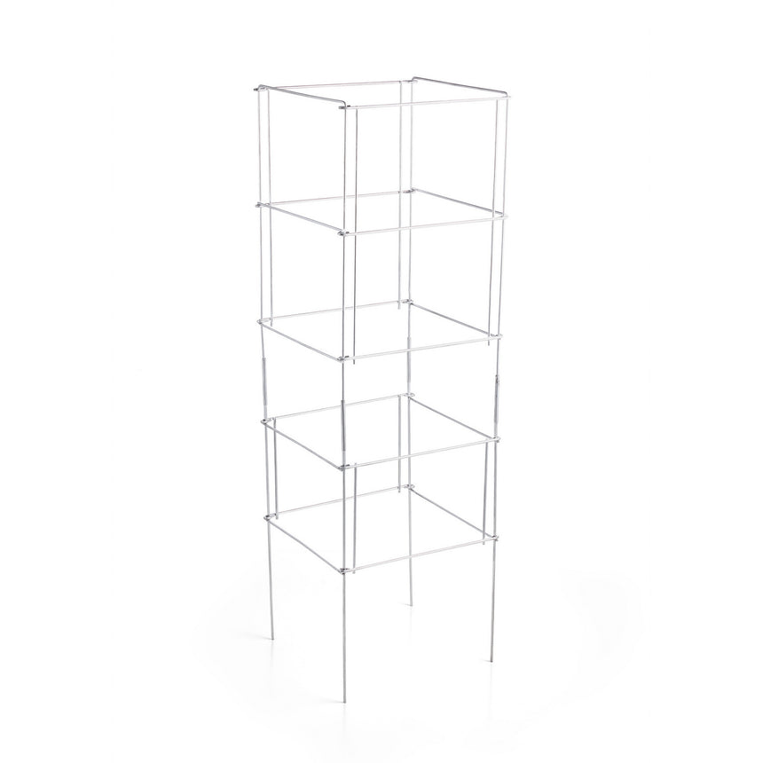Square, galvanized wire tomato cage with five stacked support tiers and long ground stakes, shown collapsed flat against a plain white background.