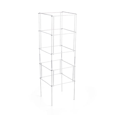 Square, galvanized wire tomato cage with five stacked support tiers and long ground stakes, shown collapsed flat against a plain white background.