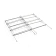 Extendable chrome-wire tomato cage panel shown flat and unfolded, its adjustable telescoping rods and grid bars visible against a plain white background.