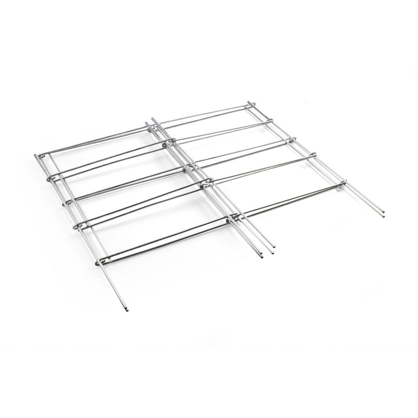 Extendable chrome-wire tomato cage panel shown flat and unfolded, its adjustable telescoping rods and grid bars visible against a plain white background.