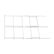 Flat-packed heavy-duty tomato cage made of galvanized wire, shown unfolded into a segmented grid pattern with protruding stake ends, against a plain white background.