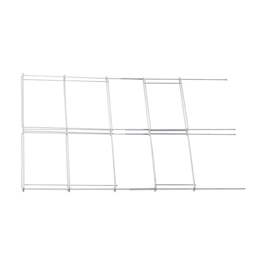 Flat-packed heavy-duty tomato cage made of galvanized wire, shown unfolded into a segmented grid pattern with protruding stake ends, against a plain white background.
