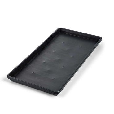 Black plastic 1020 bottom tray with a shallow rectangular lip and small drainage bump indents across the base, shown empty on a white background.