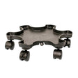 Black plastic plant pot mover with a scalloped, star-shaped tray and five caster wheels underneath, shown on a plain white background.