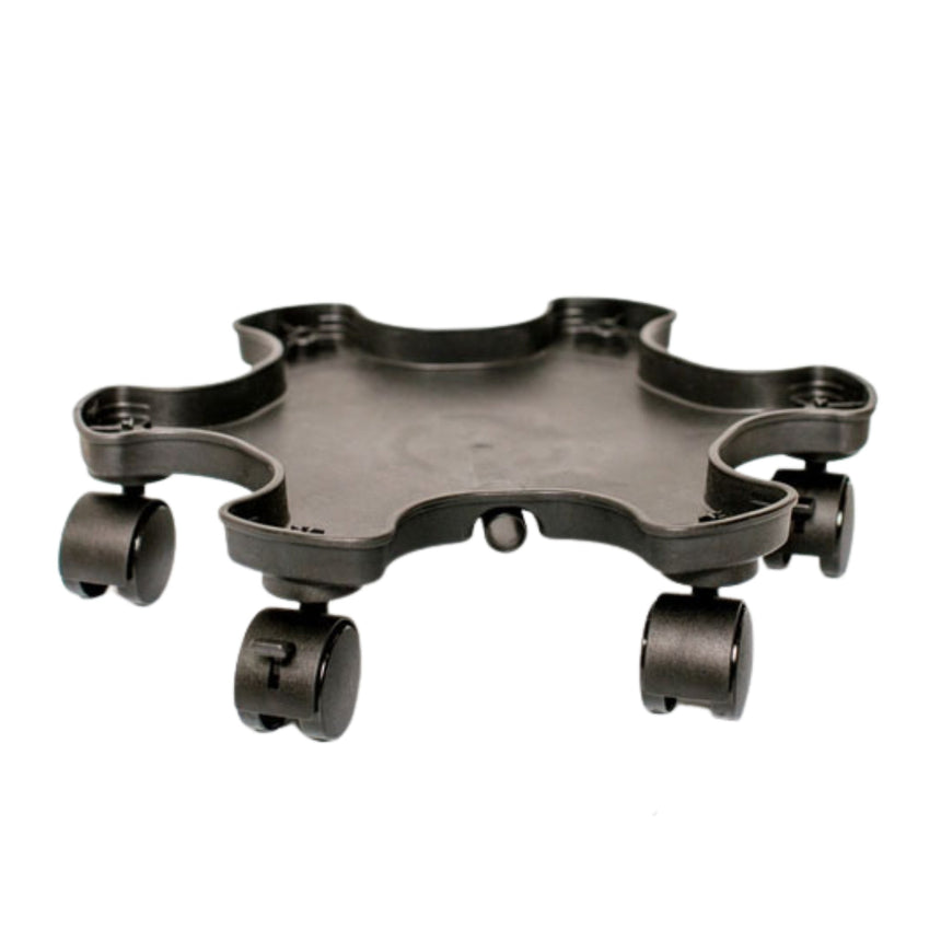 Black plastic plant pot mover with a scalloped, star-shaped tray and five caster wheels underneath, shown on a plain white background.