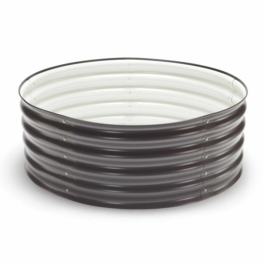 Round corrugated metal raised garden bed, 15 inches tall, with a dark brown exterior and bright white galvanised interior, bolted seams visible, shown empty against a plain white background.