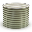 Tall round raised garden bed made from ribbed sage-green corrugated metal panels joined with visible screws, shown empty against a plain white background.