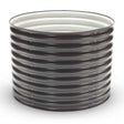 Round raised garden bed made of dark grey corrugated metal panels bolted together vertically, forming a tall open-top cylinder on a white background.