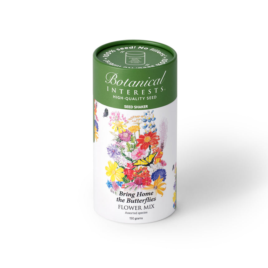 Botanical Interests Bring Home the Butterflies Flower Mix 150-gram seed shaker tube on a plain white background, featuring a green lid and floral illustration with a yellow butterfly.