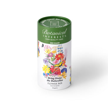 Botanical Interests Bring Home the Butterflies Flower Mix 150-gram seed shaker tube on a plain white background, featuring a green lid and floral illustration with a yellow butterfly.